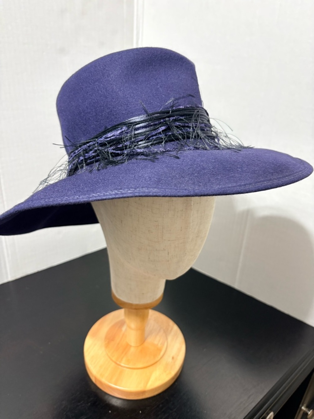 Patricia Underwood Navy Wide-Brim Wool Fedora Hat with Black Decorative Band